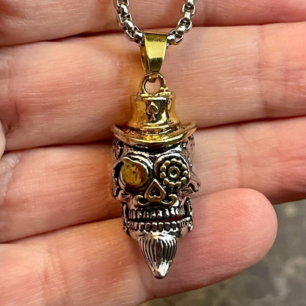 Day of the Dead Sugar Skull Skeleton Gambler Top Hat Necklace / Pendant #867